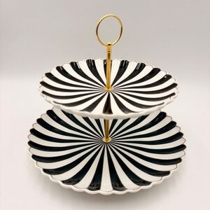 Grace Teaware Black White Striped 2 Tier Porcelain Dessert Stand Halloween
